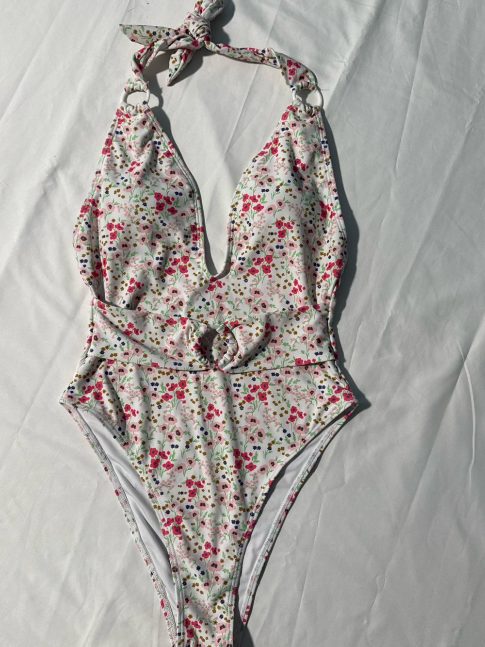 Lulu's White Halter Floral One-Piece Swimsuit with Pink & Green Accents
